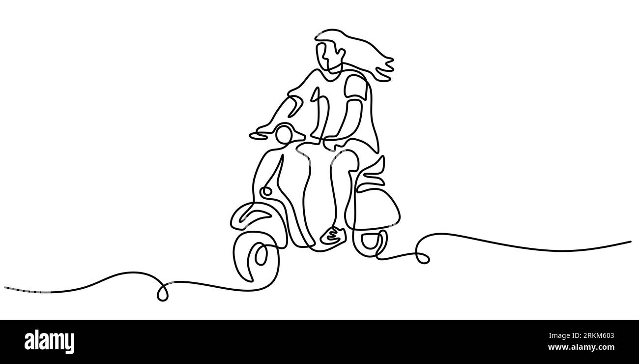 Continue une seule ligne de l'homme conduisant vespa vieille moto Matic isolé sur fond blanc minimalisme design. Illustration de Vecteur