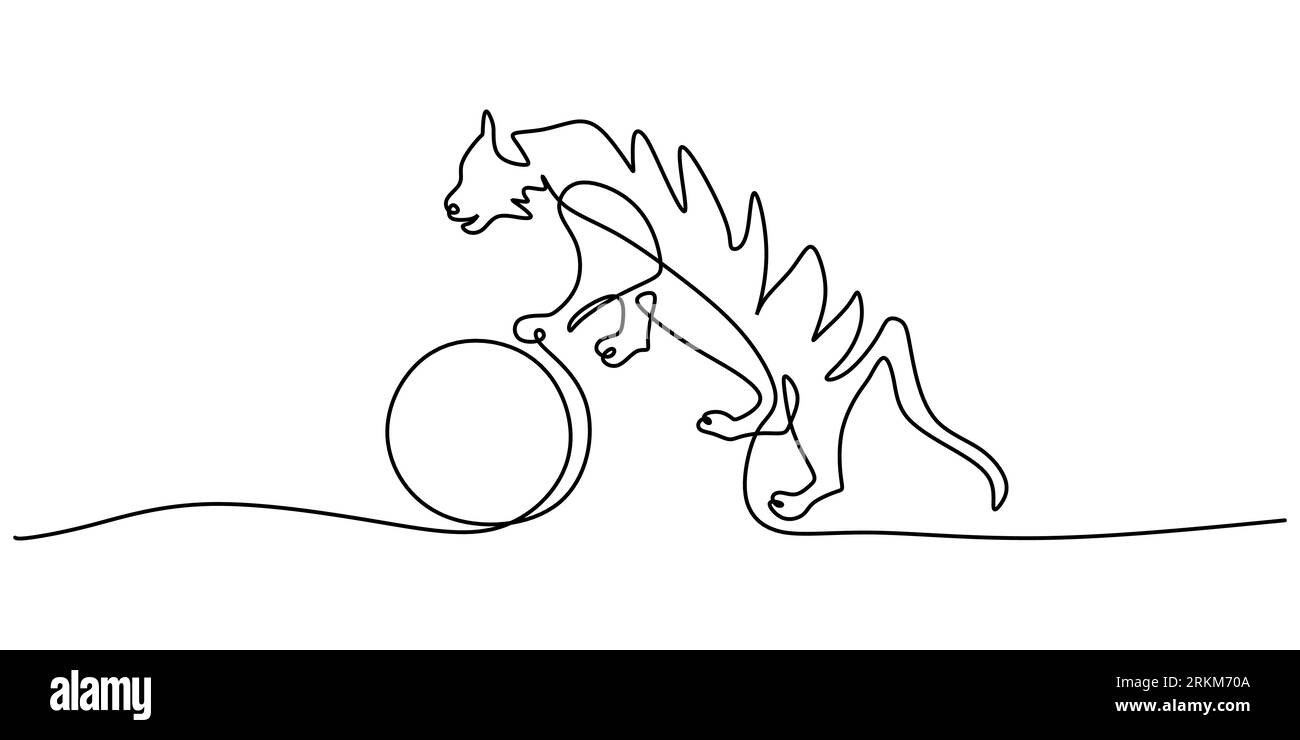 Continue une seule ligne de gros tigre jouant balle pour l'attraction de cirque isolé sur fond blanc Illustration de Vecteur