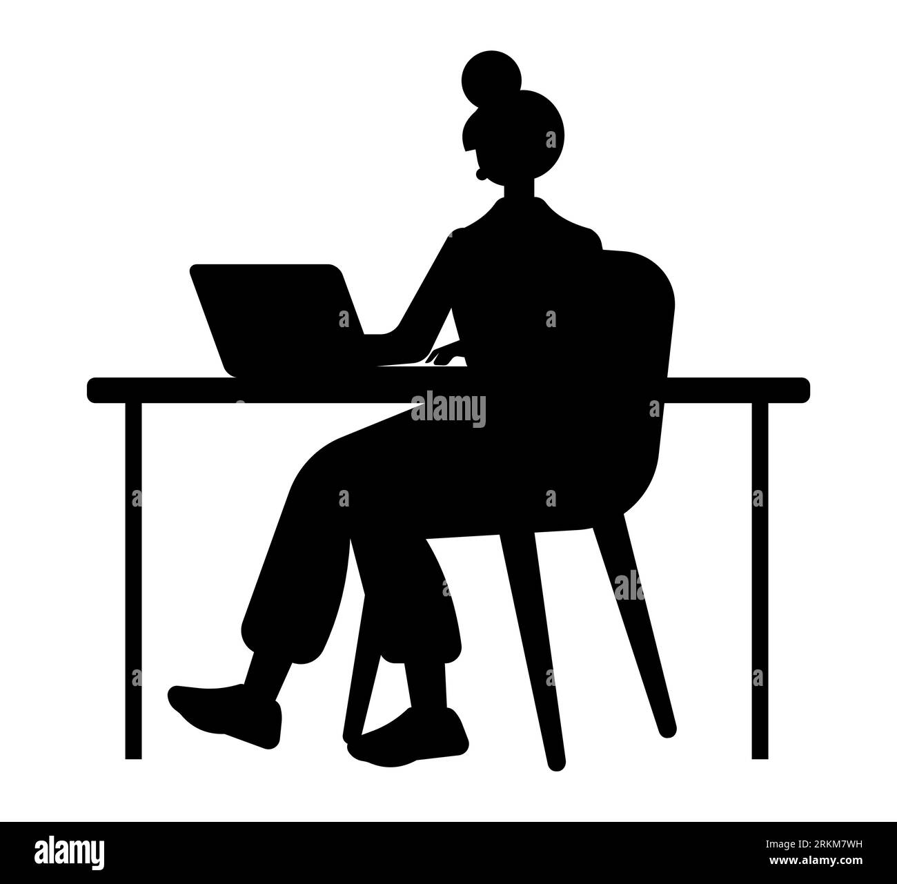 Silhouette noire d'une femme réussissant dans le monde de l'entreprise, employée de bureau, femme utilisant un ordinateur portable et un vecteur d'ordinateur isolé sur blanc Illustration de Vecteur