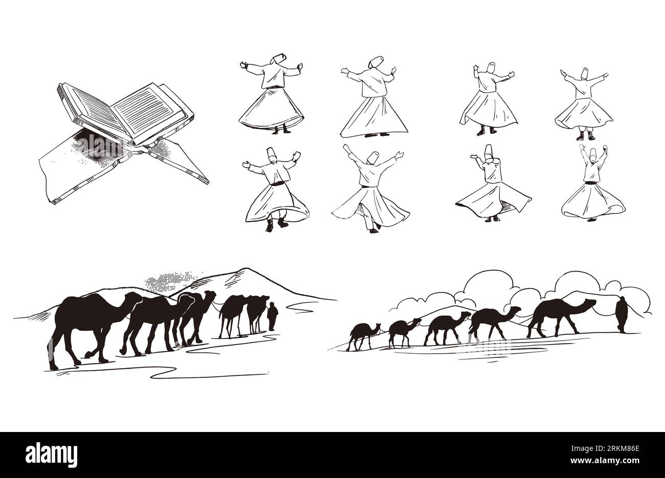 Ensemble de derviche tourbillonnant dessiné à la main, livre du coran et caravane de chameaux sur. Illustration de Vecteur