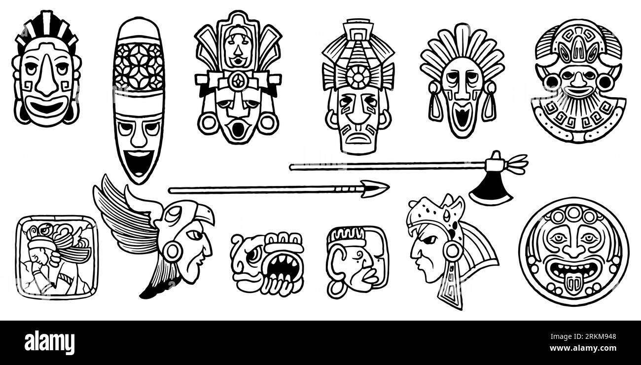 Ensemble de symbole antique maya dessiné à la main isolé sur fond blanc. Illustration de Vecteur