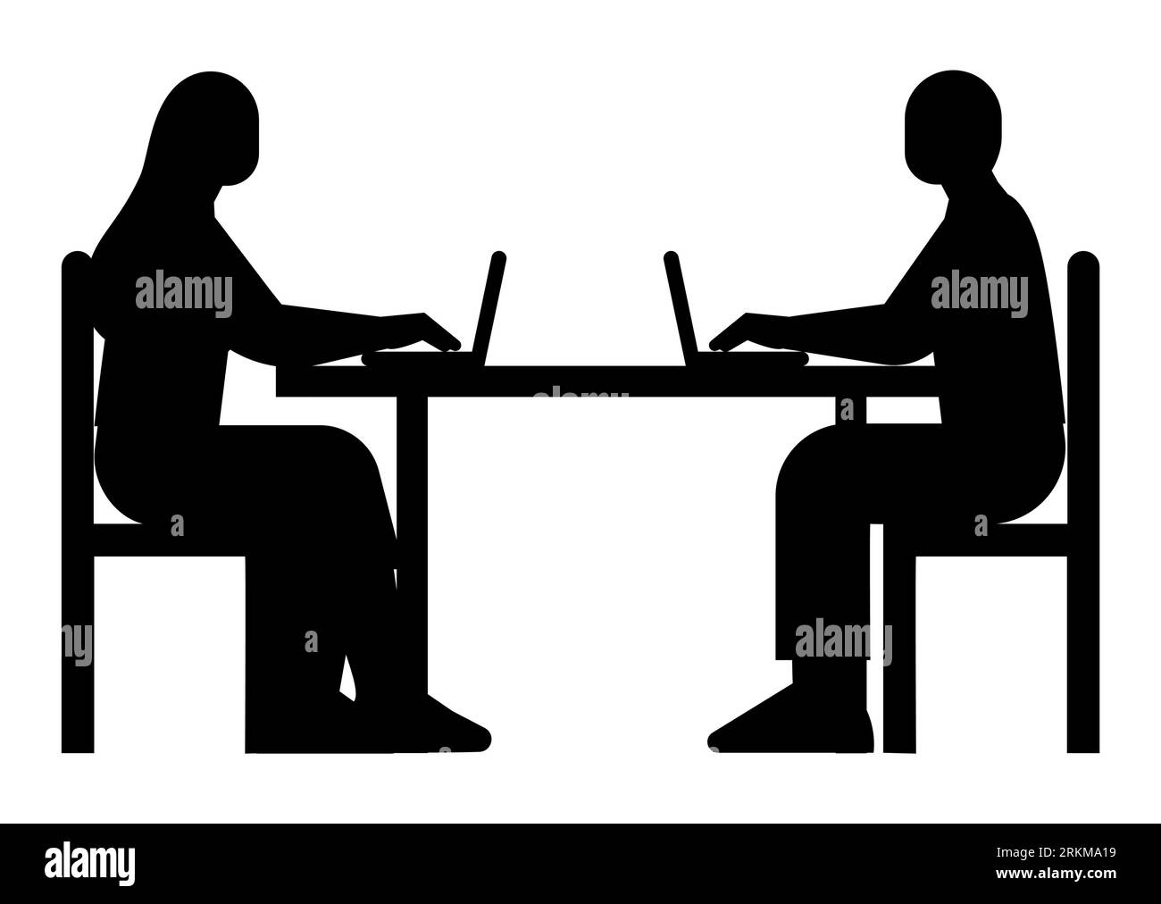 Silhouette noire d'une femme et d'un homme profondément engagés dans le travail d'ordinateur portable, les travailleurs masculins et féminins dévoués atteignant des objectifs, la détermination et le succès Illustration de Vecteur