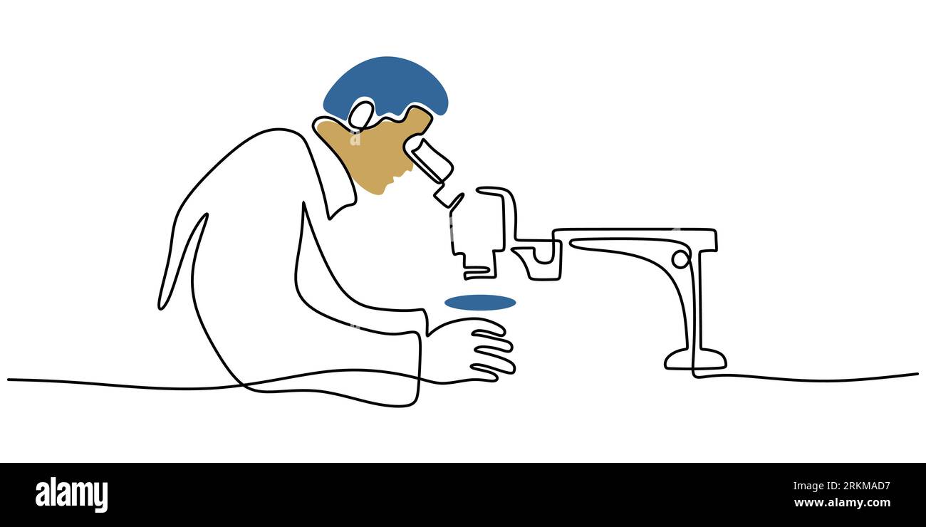 Continu une seule ligne de l'homme scientifique utilisant le microscope isolé sur fond blanc. Illustration de Vecteur