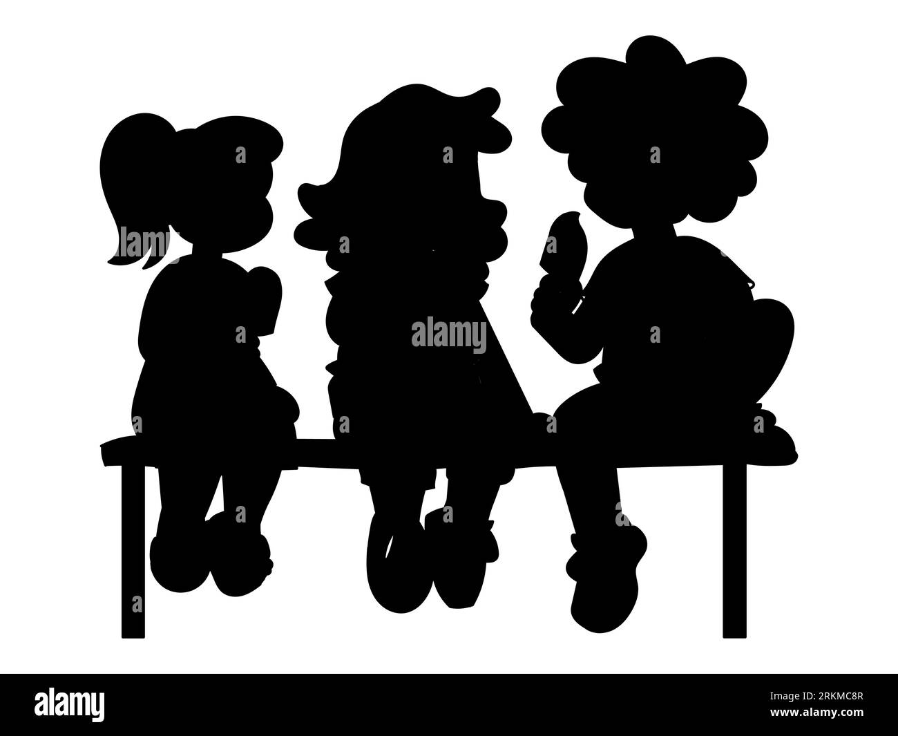 Silhouette noire de trois amies féminines appréciant la crème glacée les unes avec les autres, les petites filles s'amusant dehors le dimanche, illustration vectorielle Illustration de Vecteur
