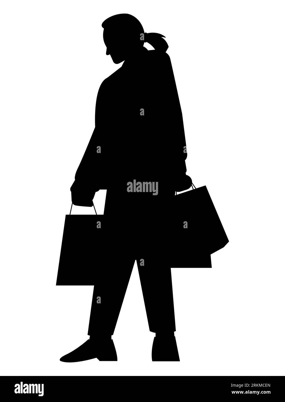 Silhouette noire d'une femme tenant des sacs en papier après le shopping, Jeune femme tenant des sacs à provisions, vecteur isolé sur fond blanc Illustration de Vecteur