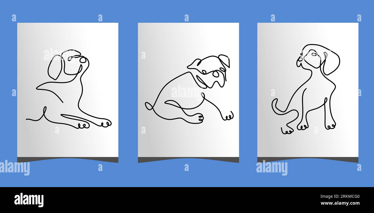 Continue une seule ligne de trois affiche mignonne de chien isolé sur fond bleu. Illustration de Vecteur