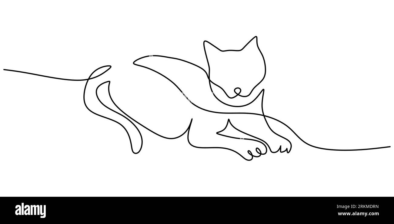Continue une seule ligne de chat mignon couché sur le sol isolé sur fond blanc Illustration de Vecteur