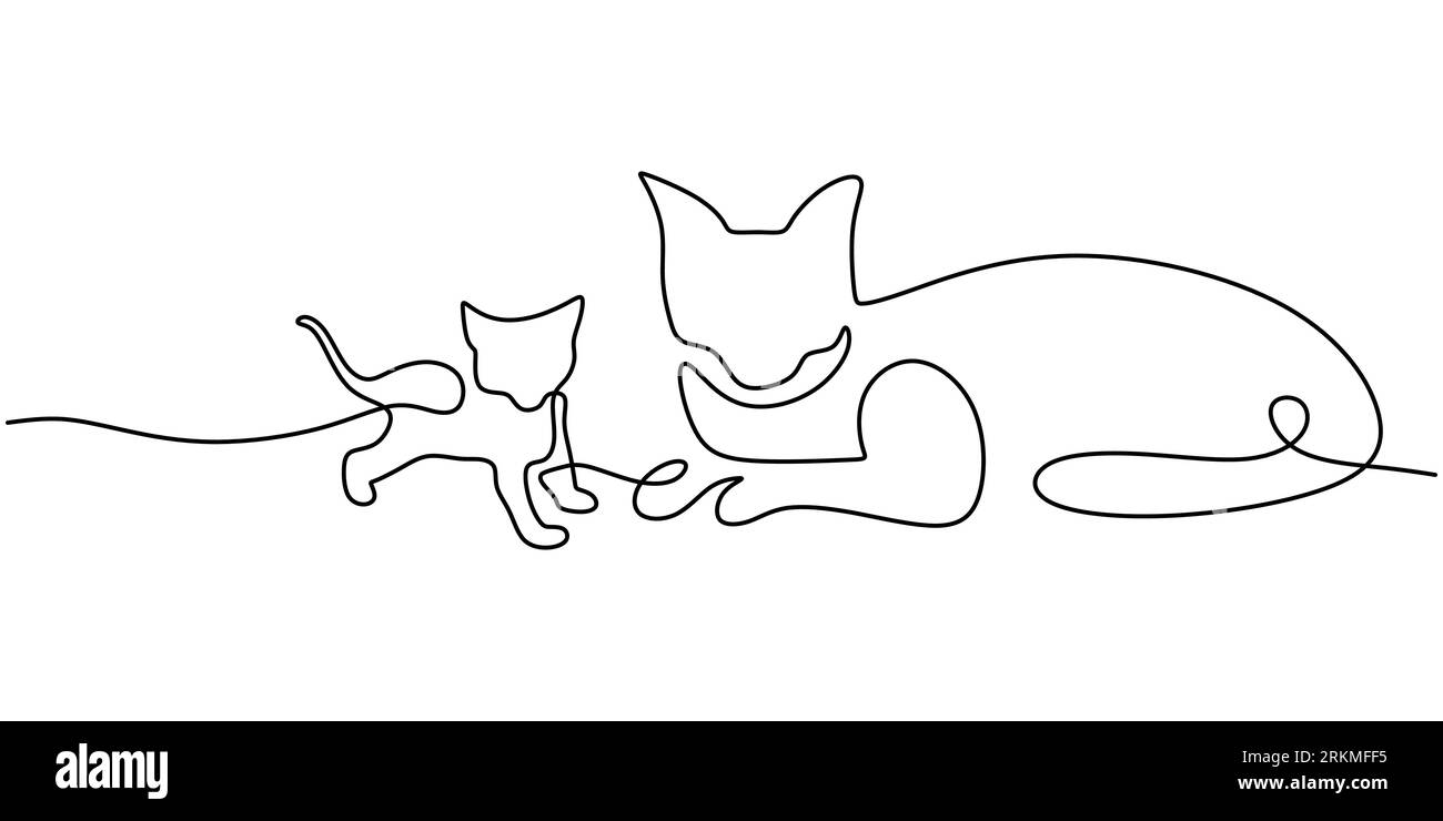 Continue une seule ligne de chat mère avec son petit chat isolé sur fond blanc Illustration de Vecteur