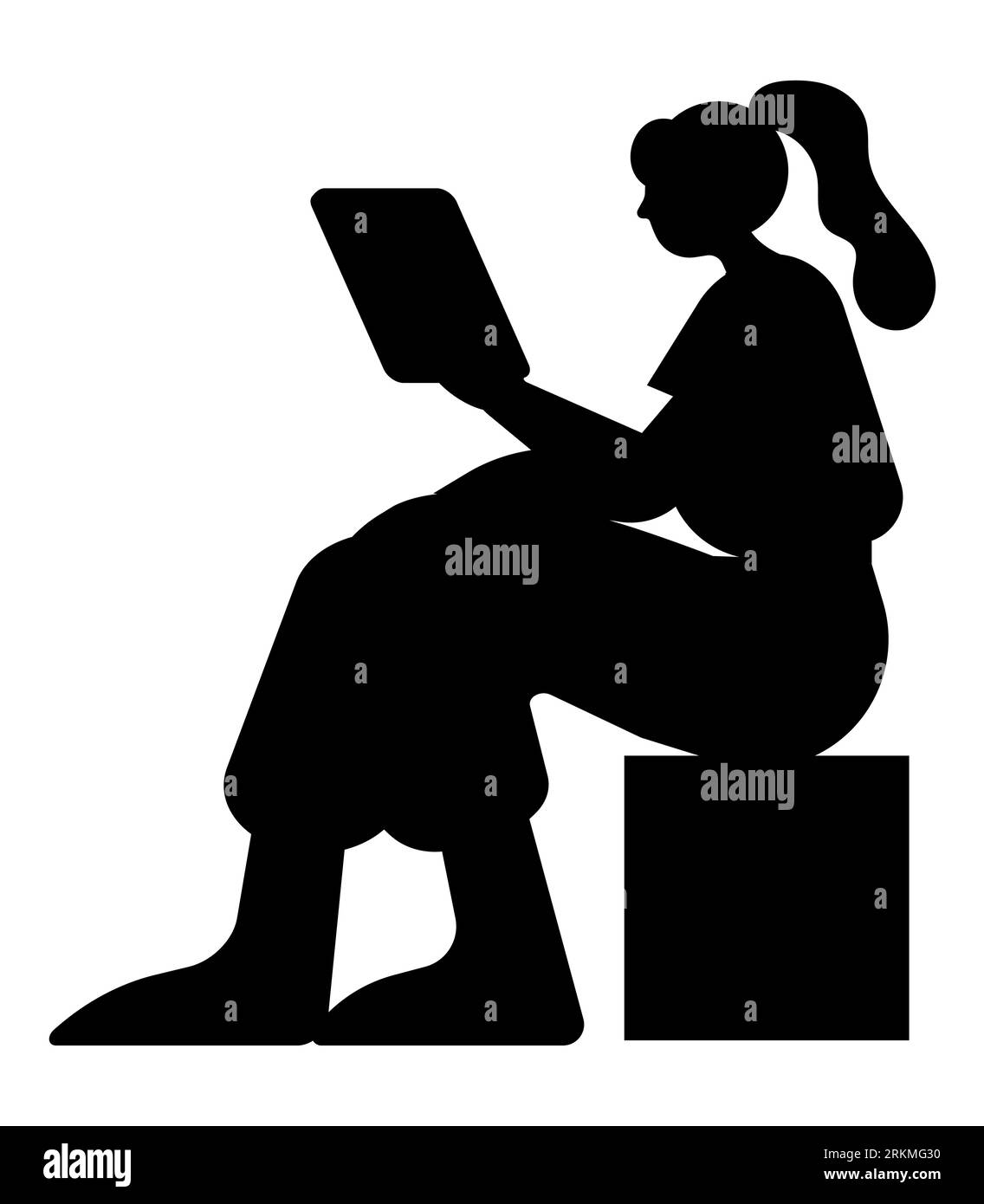 Silhouette noire d'une femme tapant sur ordinateur portable, femme indépendante confiante en action, autonomisation numérique, illustration vectorielle isolée sur blanc. Illustration de Vecteur