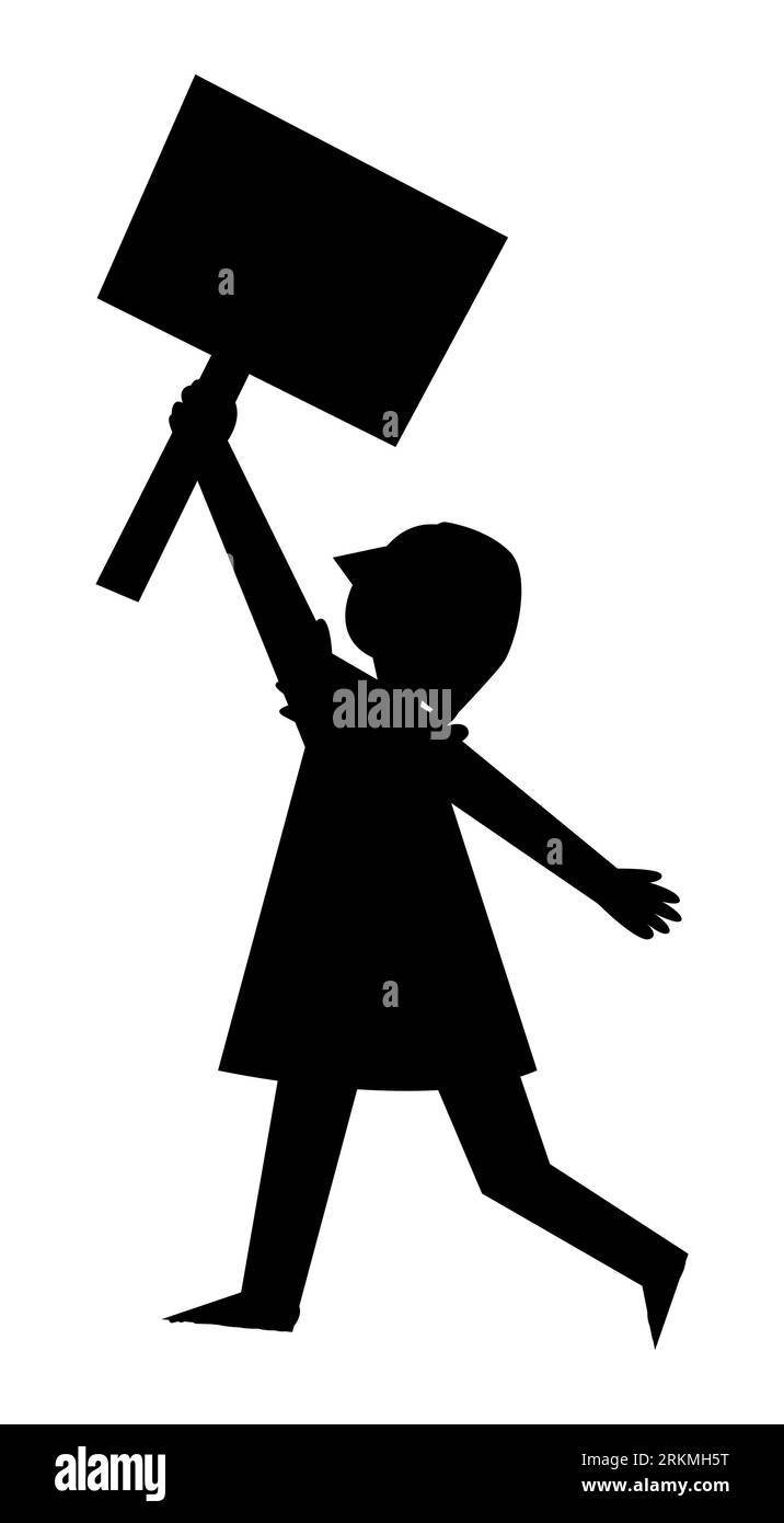 Silhouette noire d'une jeune militante tenant des bannières lors d'un rassemblement, illustration vectorielle isolée sur fond blanc, personnages de dessins animés Illustration de Vecteur