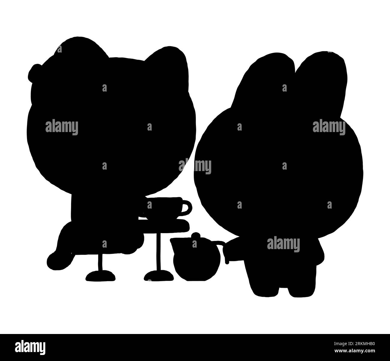Silhouette noire de deux personnages mignons de lapins de bande dessinée jouant à la fête de thé avec l'autre, illustration vectorielle isolée sur un fond blanc Illustration de Vecteur