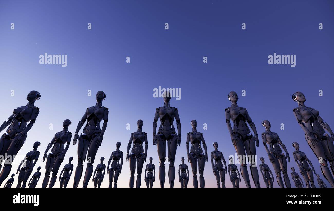 Armée de robots cyborg humanoïdes futuristes intelligents d'IA debout dans une rangée. Illustration de rendu 3D, 4,0 industrie Banque D'Images