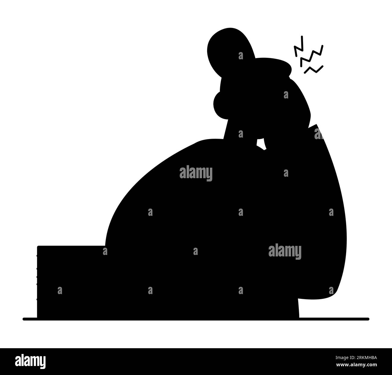 Silhouette noire d'une femme fatiguée absorbée dans les tâches d'ordinateur portable, travailleuse dans l'espace de travail virtuel, art vectoriel représentant la productivité moderne sur blanc Illustration de Vecteur