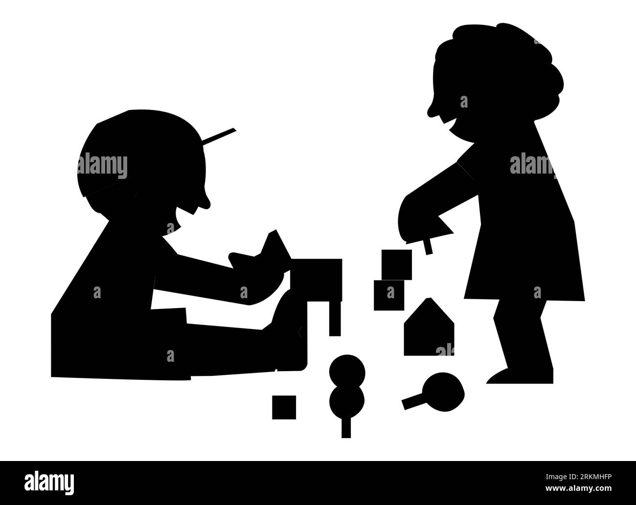 Silhouette noire d'enfants jouant à la maison avec des jouets, des enfants jouant les uns avec les autres, vecteur isolé Illustration de Vecteur