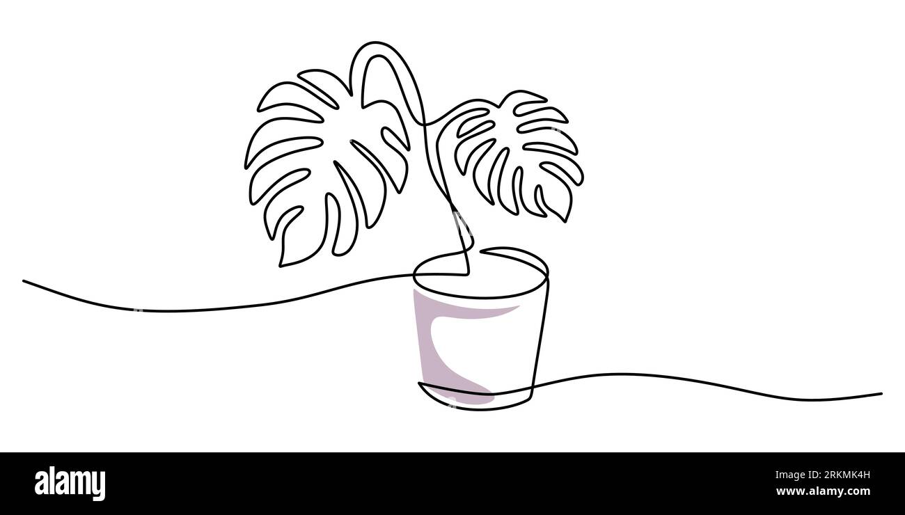 Continue une seule ligne de plante monstera sur pot isolé sur fond blanc. Illustration de Vecteur