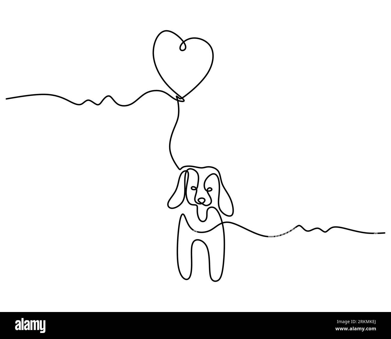 Une seule ligne continue de chien mignon attaché sur ballon d'amour pour la Saint-Valentin isolé sur fond blanc. Illustration de Vecteur