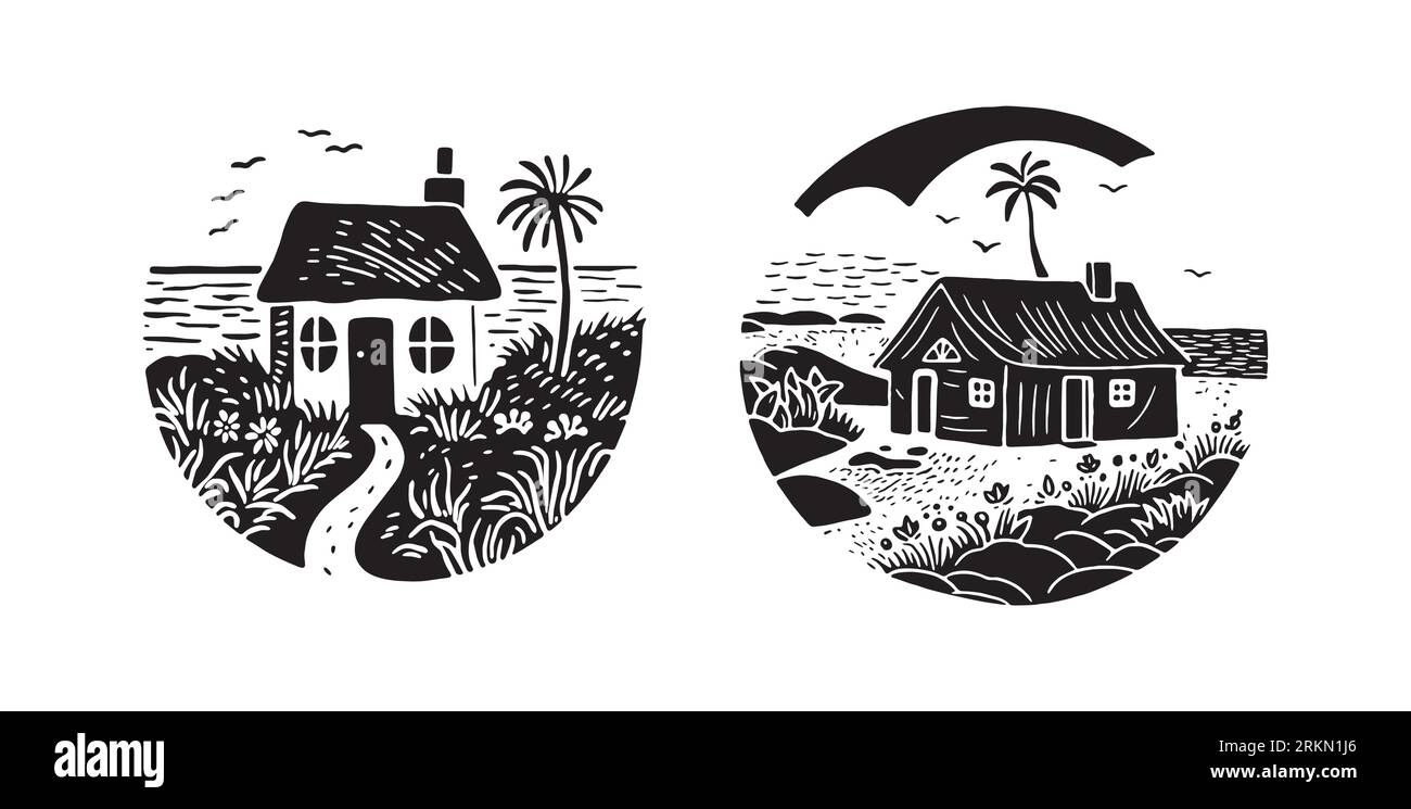 Groupe de maisons de plage fantaisistes pour l'illustration vectorielle de concept de voyage. Ensemble d'objets de vacances tropicaux imprimés cabanes côtières. Illustration de Vecteur