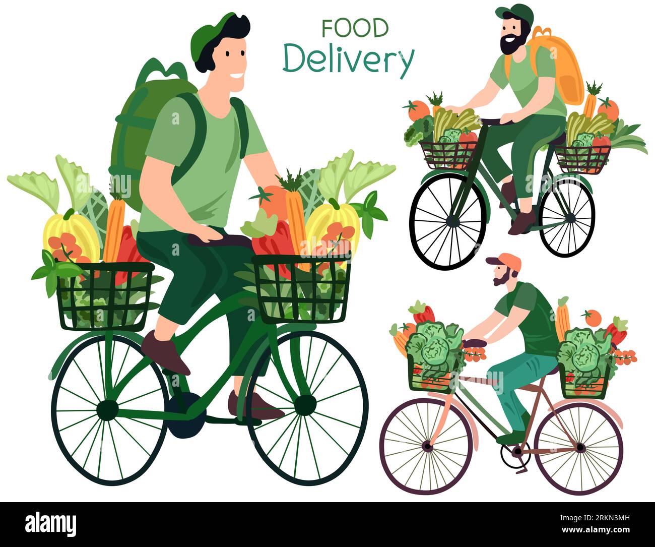 Acquisition d'épicerie, Courier à vélo livre des légumes et des fruits frais à partir d'un supermarché. Logistique verte. Livraison rapide écologique à domicile et au bureau. Illustration vectorielle. Illustration de Vecteur