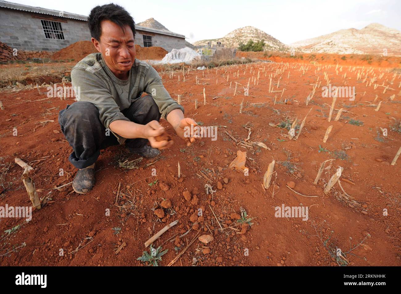 Bildnummer : 57152205 Datum : 02.03.2012 Copyright : imago/Xinhua (120302) -- FUYUAN, 2 mars 2012 (Xinhua) -- Villager Yang Shiping squat sur un terrain touché par la sécheresse dans le village de Shuangnuo du comté de Fuyuan, province du Yunnan au sud-ouest de la Chine, 28 février 2012. Une grave sécheresse a persisté dans le comté de Fuyuan pendant trois années consécutives, laissant 150 000 et environ 2 300 hectares de terres agricoles à court d'eau. Plus de 3 000 personnes du village de Shuangnuo ont été bloquées après le dessèchement d'une source d'approvisionnement en eau fin janvier 2012. Le gouvernement local a appelé les villageois à chercher une nouvelle source d'eau. À travers plusieurs jours Banque D'Images