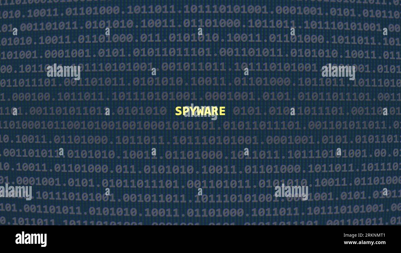 Cyber-attaque spyware. Texte de vulnérabilité dans le système binaire ascii art style, code sur l'écran de l'éditeur. Texte en anglais, texte anglais Banque D'Images