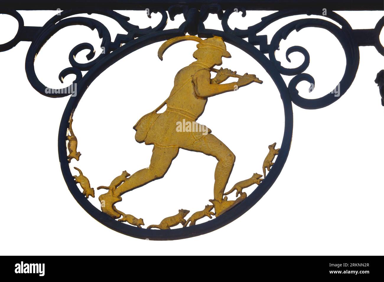 Signe en forme de V avec le pied Piper de Hamelin à la maison pied Piper, Allemagne, Basse-Saxe, Hamelin Banque D'Images
