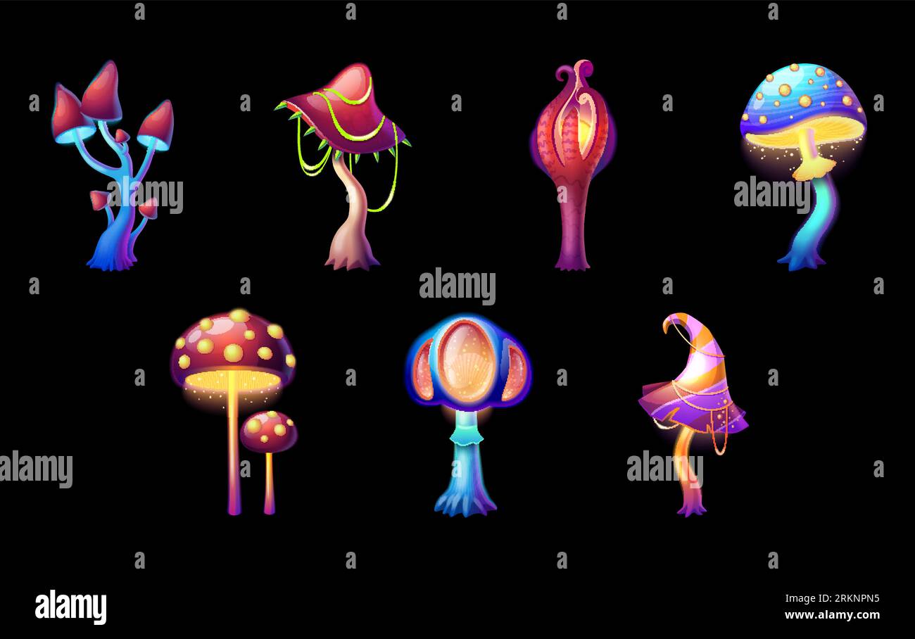 Ensemble de dessins animés de divers champignons magiques brillants sur fond noir illustration vectorielle isolée Illustration de Vecteur