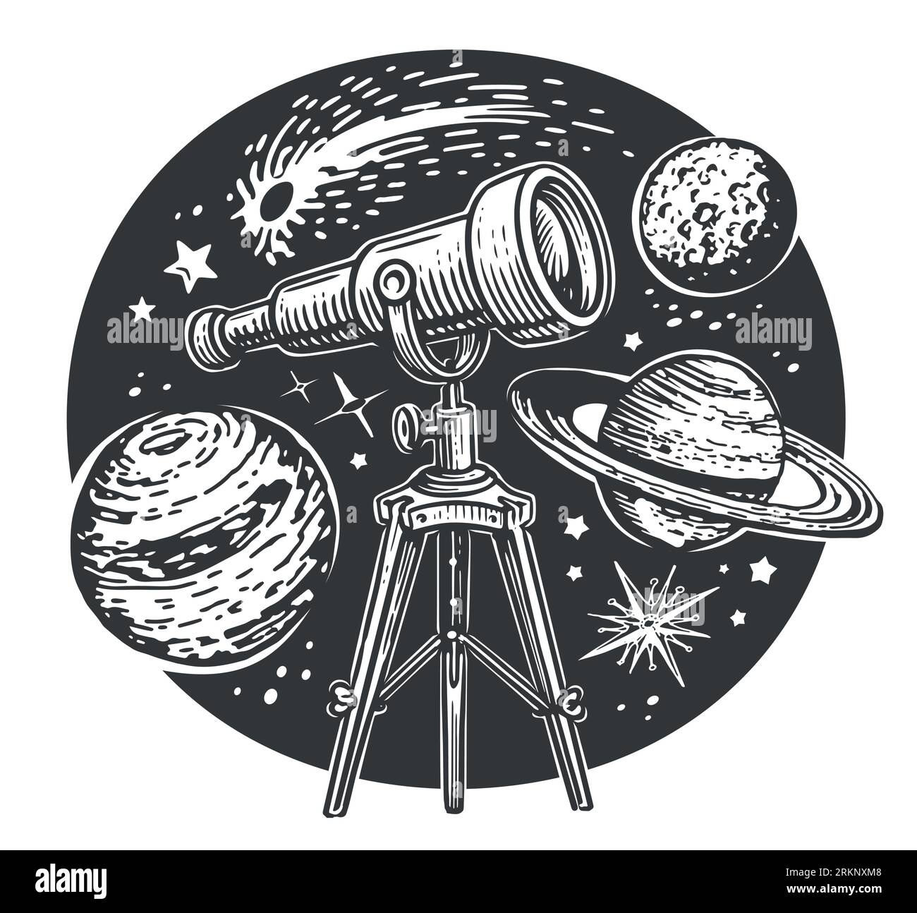 Exploration spatiale. Télescope, étoiles et planètes. Concept d'astronomie. Illustration vectorielle vintage Illustration de Vecteur