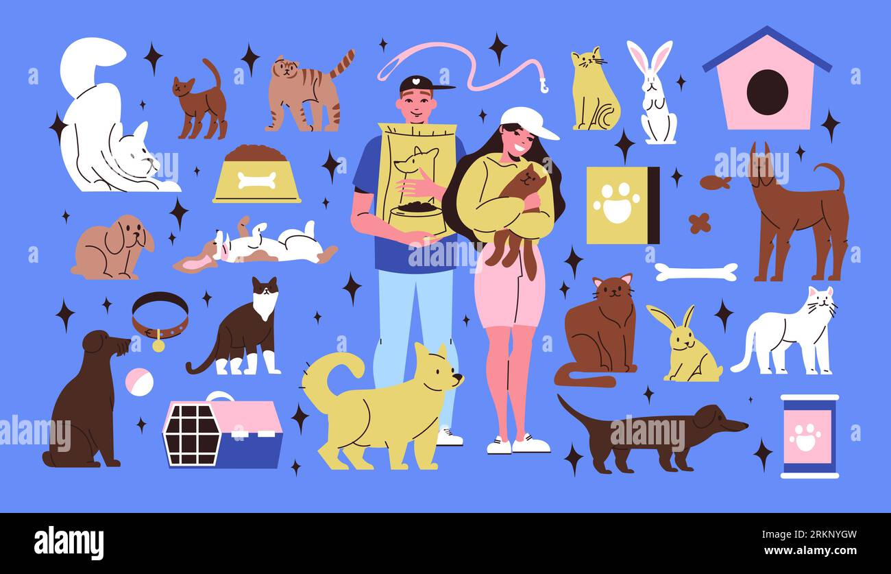 Abri pour animaux grand ensemble d'accessoires de personnages bénévoles et animaux pour chats et chiens illustration vectorielle plate isolée Illustration de Vecteur