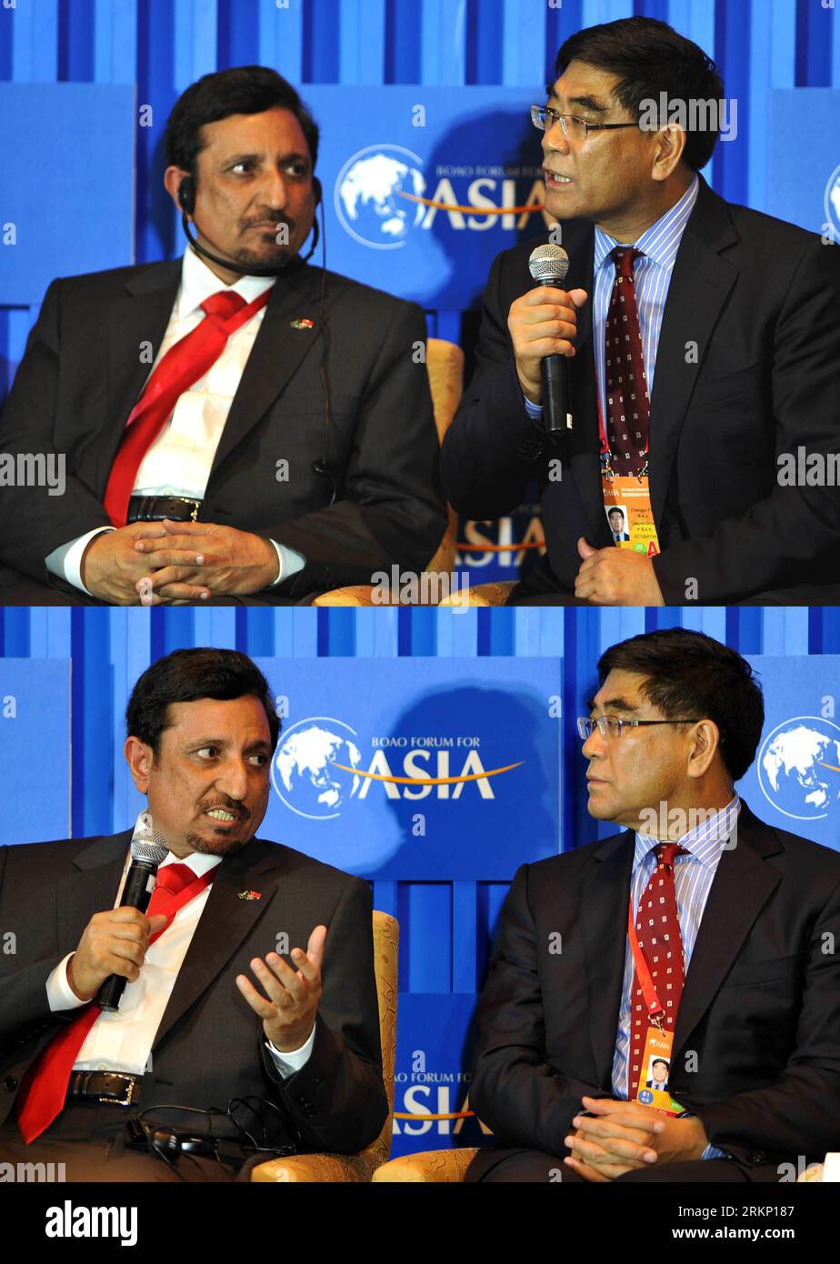 Bildnummer : 57810278 Datum : 01.04.2012 Copyright : imago/Xinhua (120401) -- BOAO, 1 avril 2012 (Xinhua) -- la photo combinée montre le président de la Chine Sinopec Fu Chengyu (R) et Mohamed Al-Mady, vice-président et PDG de Saudi Basic Industry Corporation, prennent la parole à l'occasion de la conférence Energy and Resource: un dialogue offre-demande lors de la conférence annuelle 2012 du Forum de Boao pour l'Asie (BFA) à Boao, dans la province de Hainan du sud de la Chine, le 1 avril 2012. (Xinhua/Jiang Enyu) (zkr) CHINA-BOAO-BFA-ENERGY AND RESOURCES : a OFFRE DEMAND DIALOGUE(CN) PUBLICATIONxNOTxINxCHN People Politik xda x0x 2012 hoch 57810278 Date 0 Banque D'Images
