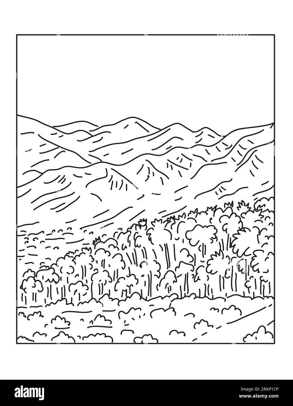 Illustration mono ligne du Monument national de Sand to Snow situé dans le comté de San Bernardino et le nord du comté de Riverside, Californie du Sud fait en M. Banque D'Images