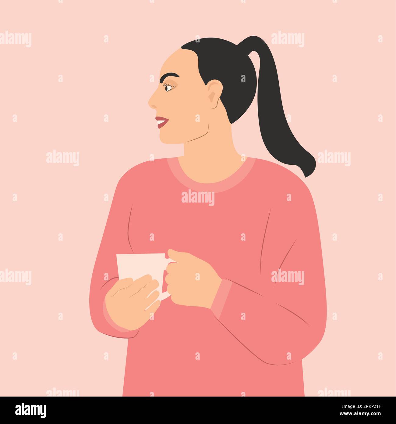 jeune belle femme tenant une tasse avec une boisson chaude réchauffante sur une journée froide ; concept de pause café -illustration vectorielle Illustration de Vecteur