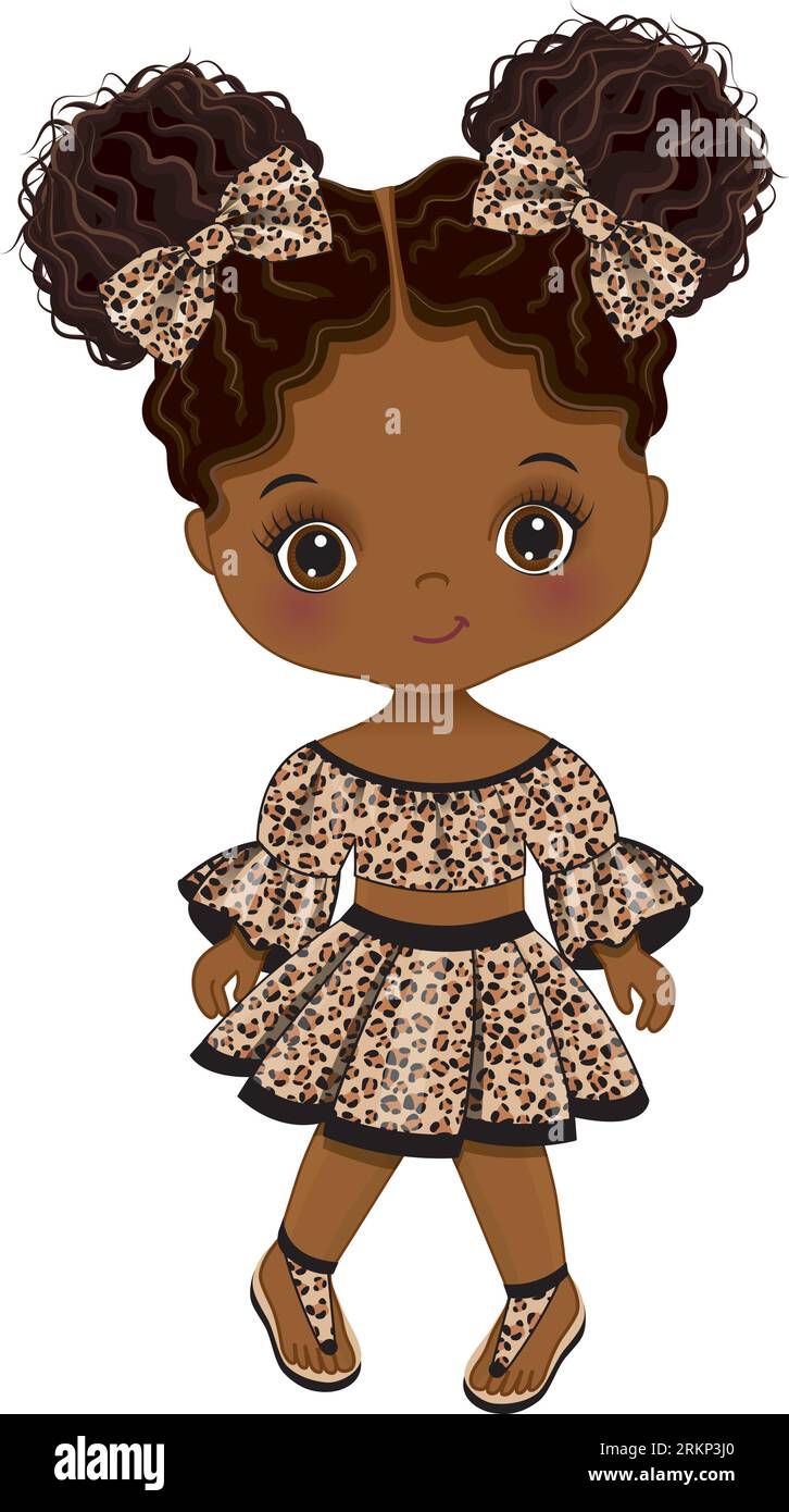 Vector Cute petite fille noire en robe léopard Illustration de Vecteur