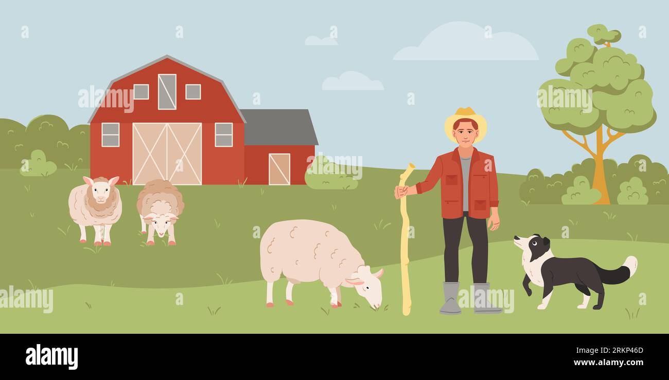 Fermier mâle pâturant des moutons avec le chien de berger sur l'illustration vectorielle plate de ferme Illustration de Vecteur