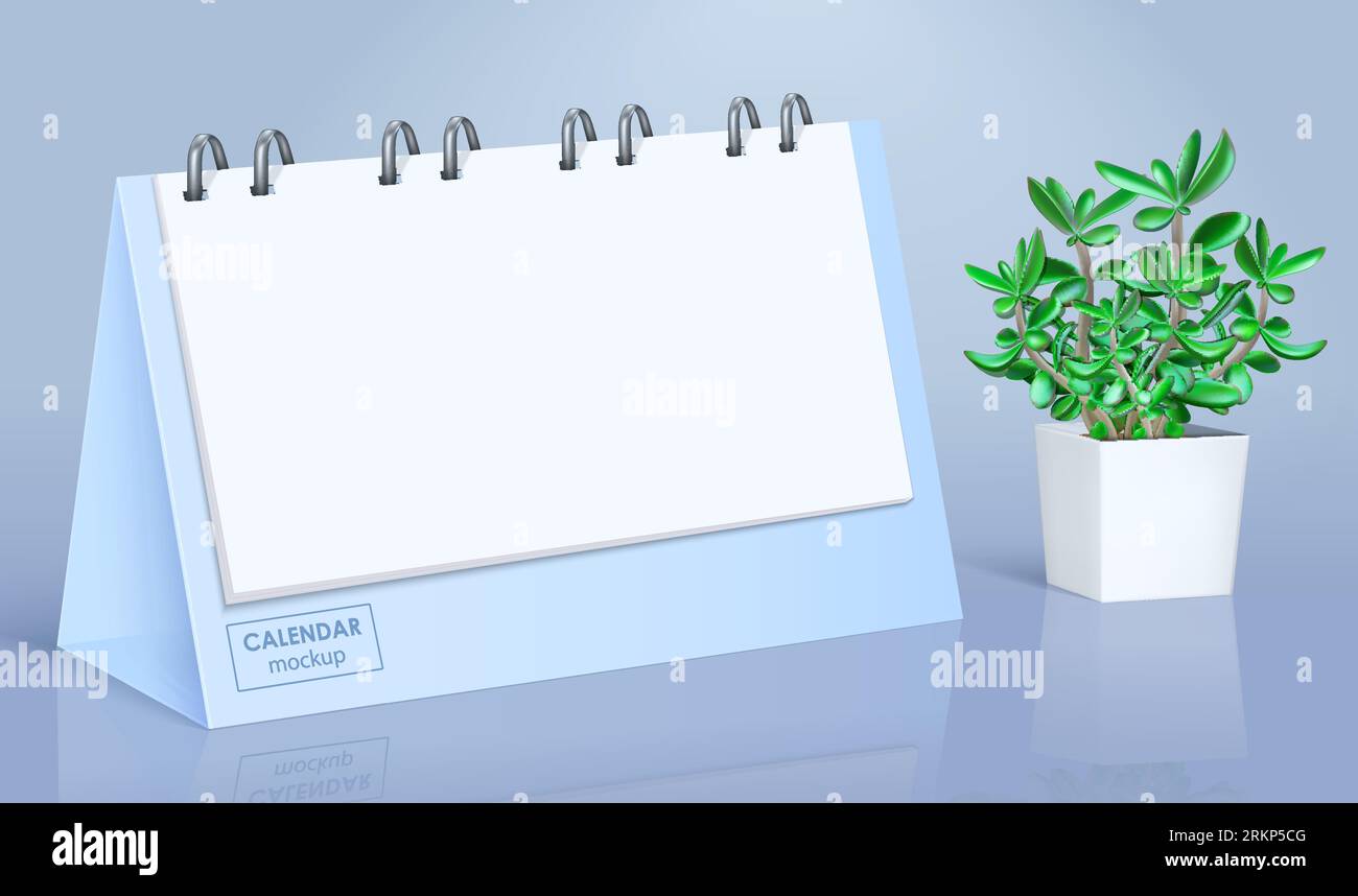 Maquette de calendrier en spirale vierge réaliste avec des feuilles blanches sur un bureau brillant avec une petite illustration vectorielle de pot de fleurs Illustration de Vecteur