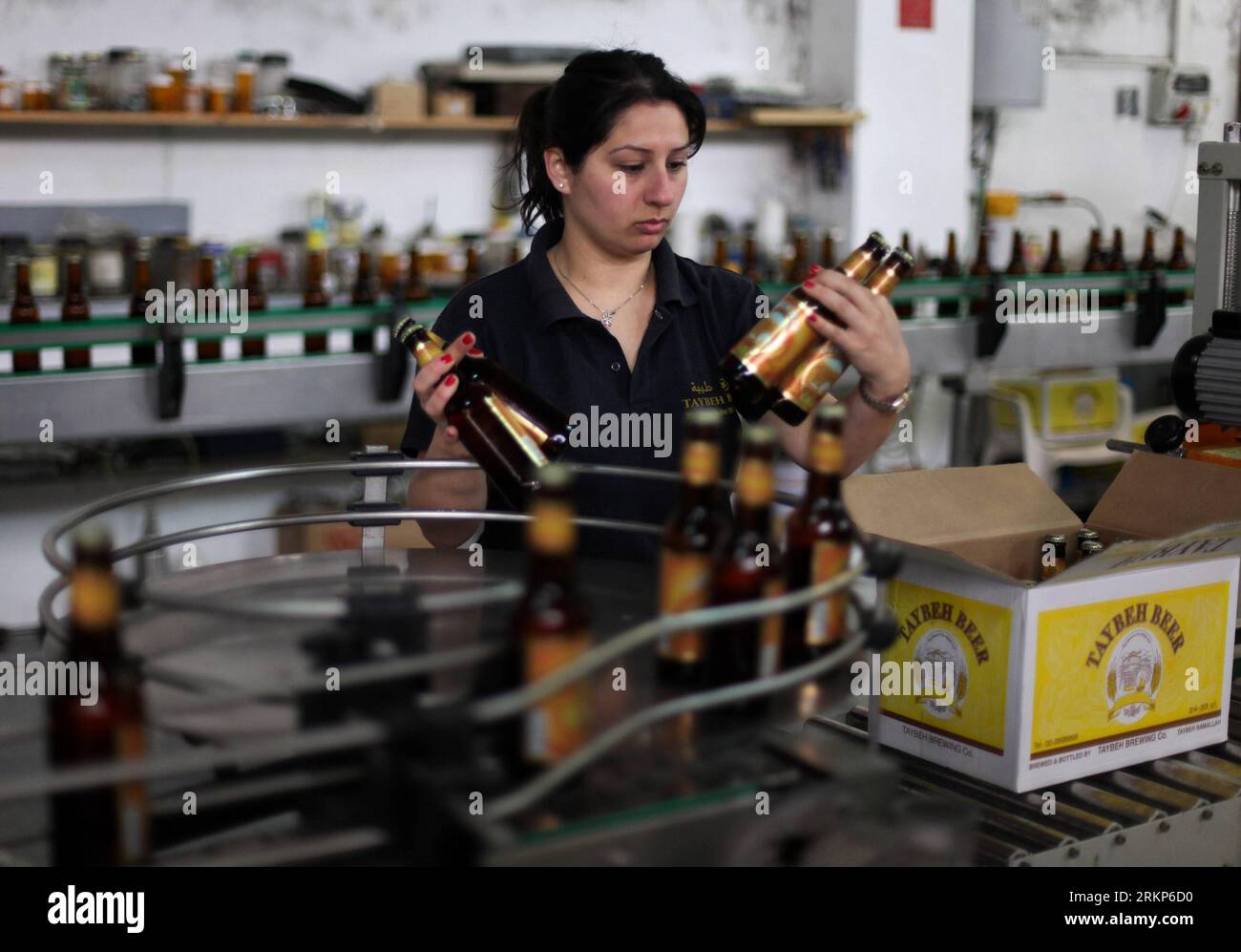 Bildnummer : 57910956 Datum : 18.04.2012 Copyright : imago/Xinhua (120418)-- CISJORDANIE, 18 avril 2012 (Xinhua) -- Un travailleur palestinien emballe des bouteilles de bière à la brasserie Taybeh, dans le village de Taybeh, près de Ramallah, en Cisjordanie, le 18 avril 2012. La seule brasserie en Palestine a été créée en 1994 qui produit environ 6000 hectolitres de bière par an, environ 90% de la bière est distribuée sur le marché local et israélien, tandis que 10% est exportée vers l'Europe. (Xinhua/Fadi Arouri)(ctt) MIDEAST-WEST BANK-TAYBEH-BREWERY PUBLICATIONxNOTxINxCHN Wirtschaft Getränkeindustrie Getränke Fabrik Arbeitswelten GE Banque D'Images