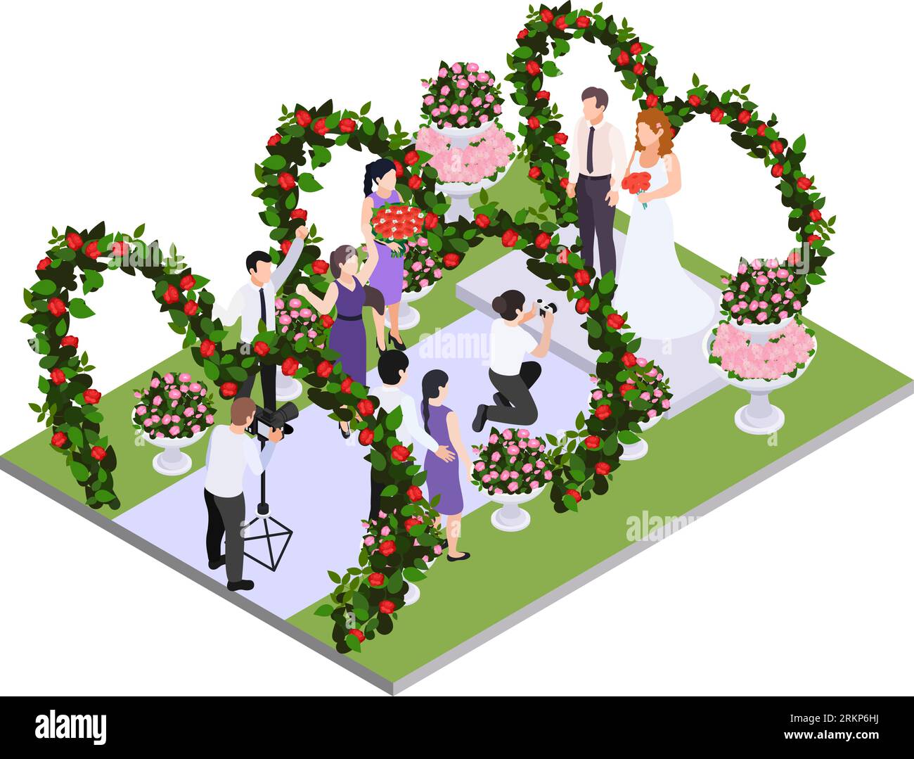 Fleuriste ville événement décoration de fleurs composition isométrique avec vue isolée des arches de mariage avec invités Newlyweds illustration vectorielle Illustration de Vecteur