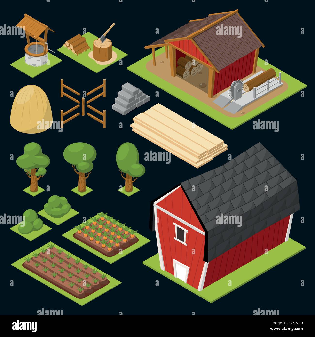 Jeu d'icônes isométriques ensemble avec maison en bois jardin buissons bois lits illustration vectorielle Illustration de Vecteur