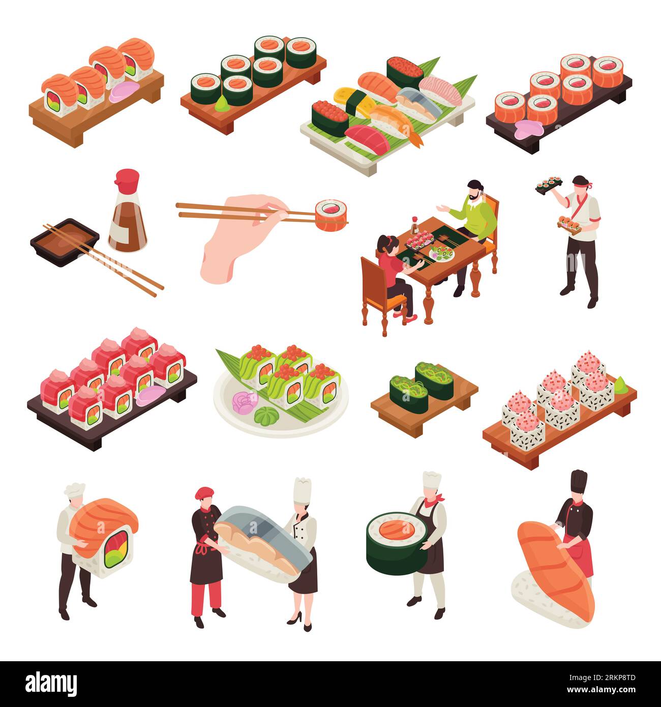 Ensemble d'icônes de sushi isométriques rouleaux de différentes tailles et abstraits enveloppés dans nori et illustration vectorielle de poisson Illustration de Vecteur