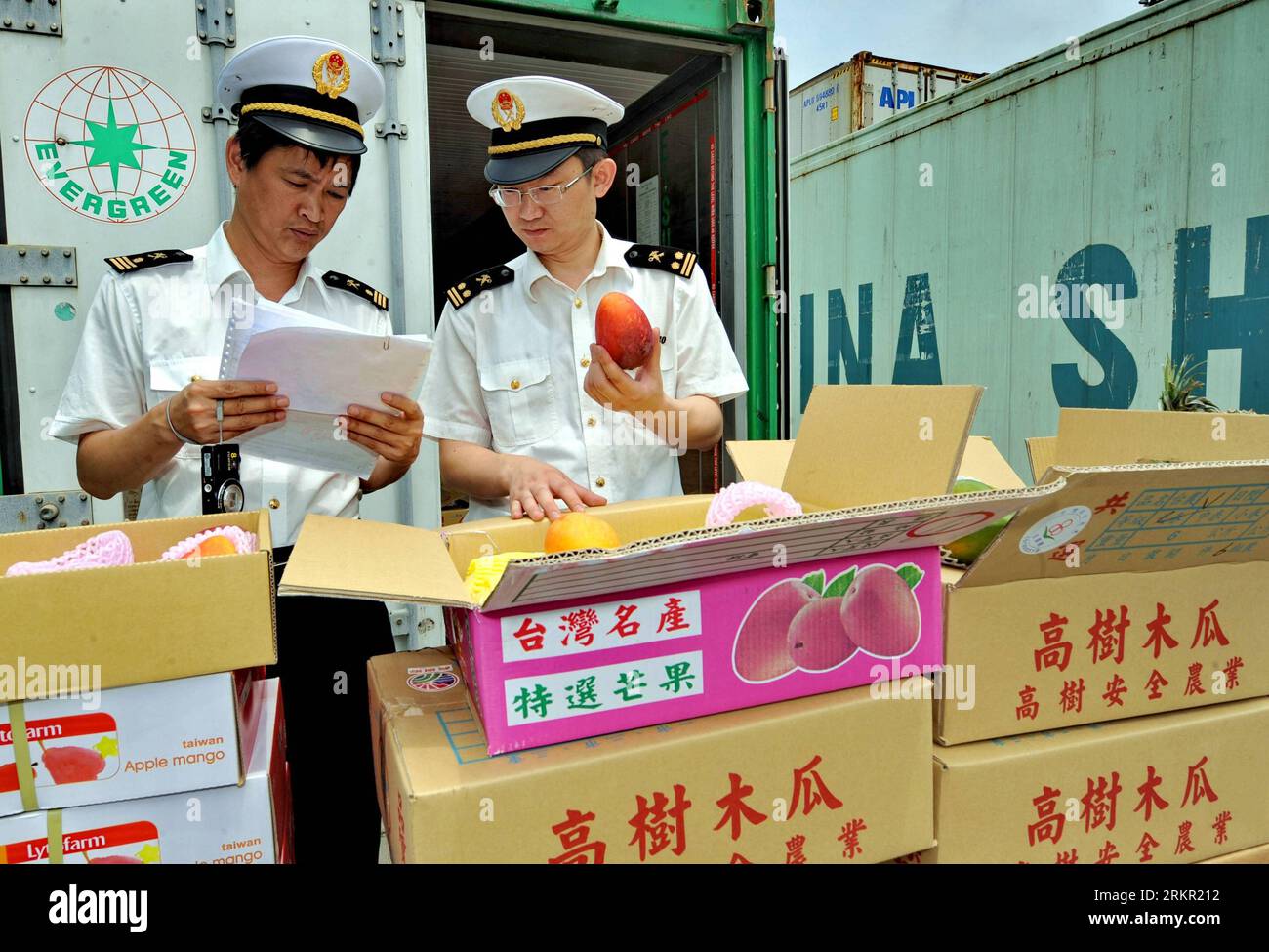 Bildnummer : 58099777 Datum : 13.06.2012 Copyright : imago/Xinhua (120613) -- XIAMEN, 13 juin 2012 (Xinhua) -- deux douaniers examinent des fruits de Taïwan à Xiamen, dans la province du Fujian du sud-est de la Chine, le 13 juin 2012. Xiamen a été le premier importateur de fruits taïwanais sur le continent chinois pendant quatre années consécutives. Au cours des cinq premiers mois de 2012, un total de 4 298 tonnes de fruits du sud-est de la Chine taïwanais sont entrées sur le marché continental via le port de la ville. (Xinhua/Zhang Guojun) (lmm) CHINA-FUJIAN-XIAMEN-FRUIT IMPORT (CN) PUBLICATIONxNOTxINxCHN Gesellschaft xbs x2x 2012 quer o0 Zoll, Zollkontrol Banque D'Images