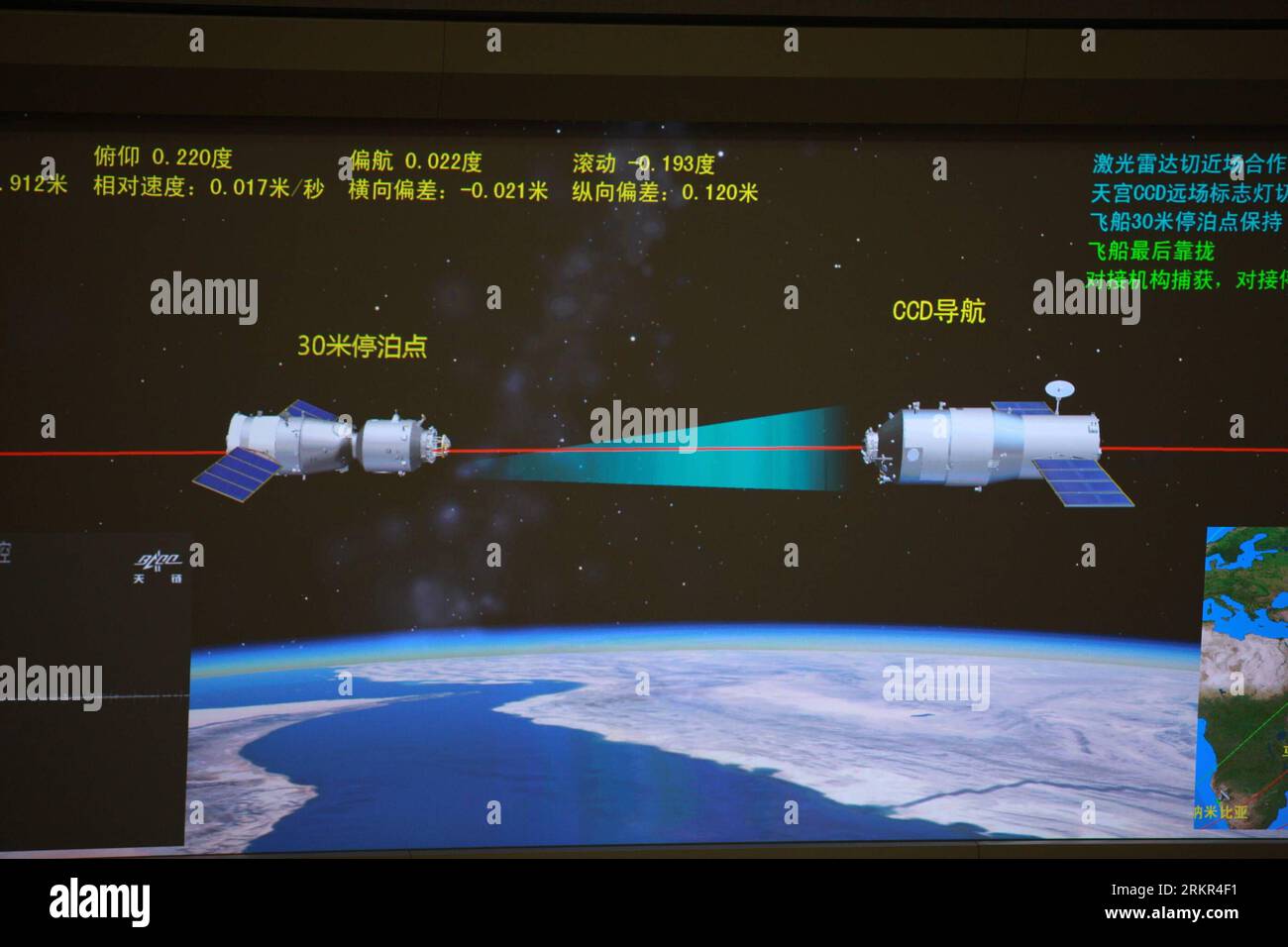 Bildnummer : 58115822 Datum : 18.06.2012 Copyright : imago/Xinhua (120618) -- PÉKIN, 18 juin 2012 (Xinhua) -- la photo prise le 18 juin 2012 montre l'écran du Centre de contrôle des vols aérospatiaux de Pékin montrant un vaisseau spatial habité Shenzhou-9 effectuant un amarrage automatique avec le module de laboratoire Tiangong-1 en orbite. (Xinhua/Wang Yongzhuo) (ry) (SHENZHOU-9-TIANGONG-1) CHINA-BEIJING-CONTROL CENTER-SHENZHOU-9-TIANGONG-1-DOCKING (CN) PUBLICATIONxNOTxINxCHN Politik Raumfahrt IX Andockmanöver Capture d'écran xjh x0x 2012 quer premiumd 58115822 Date 18 06 2012 Copyright Imago XINHUA Pékin juin 18 201 Banque D'Images