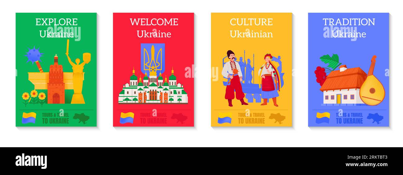 Explorer ukraine ensemble d'affiches plates représentant les traditions, la culture et les monuments illustration vectorielle isolée Illustration de Vecteur