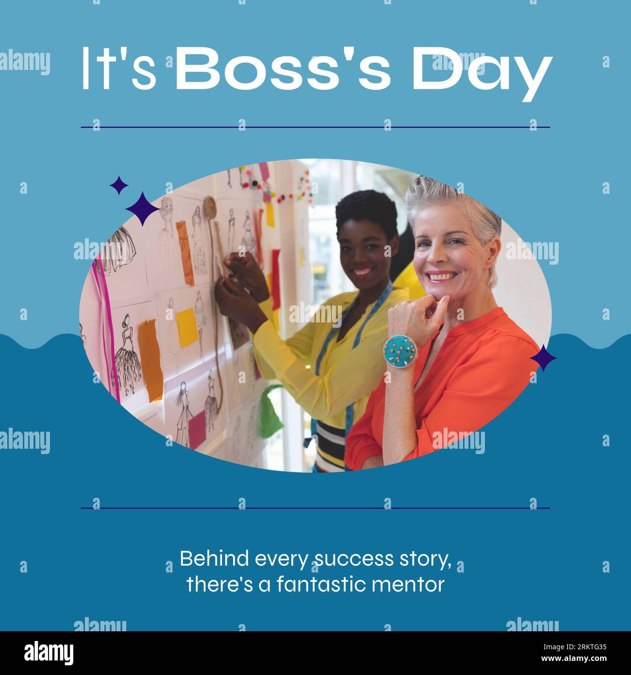 Composite de boss féminin diverse debout avec un collègue et c'est le texte de la journée du boss Banque D'Images