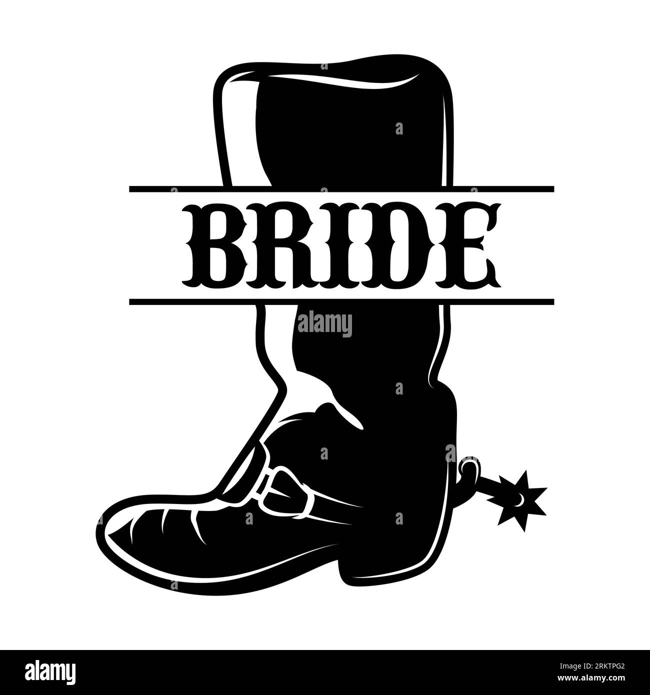 Mariée sur bottes de cow-boy monogramme fendu sur fond blanc. Illustration isolée. Banque D'Images