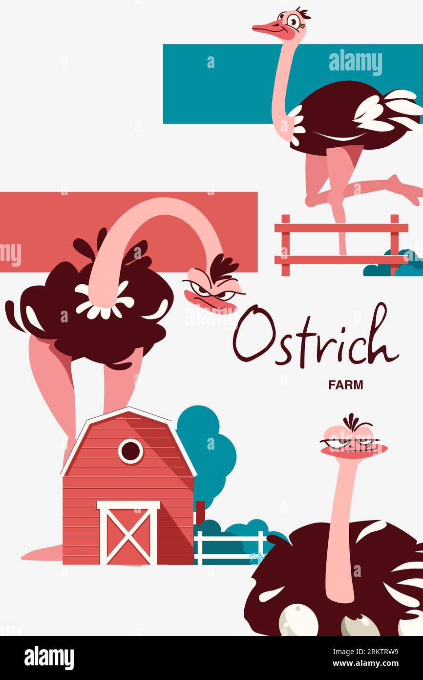 Collage vertical de ferme d'autruches dans un style plat avec des oiseaux drôles et illustration vectorielle de ferme Illustration de Vecteur