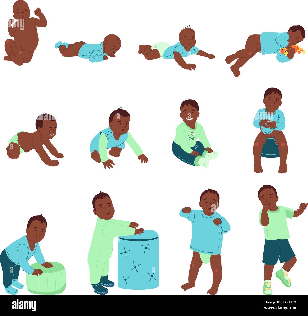 Le développement de bébé met en scène un ensemble d'icônes plates de petits enfants de dessins animés noirs heureux dans différentes poses illustration vectorielle isolée Illustration de Vecteur