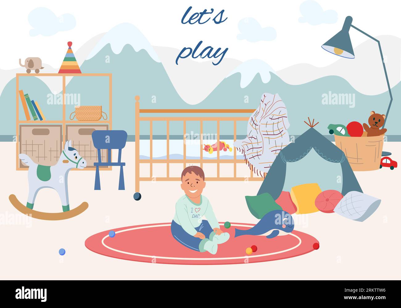Composition plate de développement de bébé avec enfant heureux assis sur le sol dans la chambre des enfants entourée d'illustration vectorielle de jouets Illustration de Vecteur