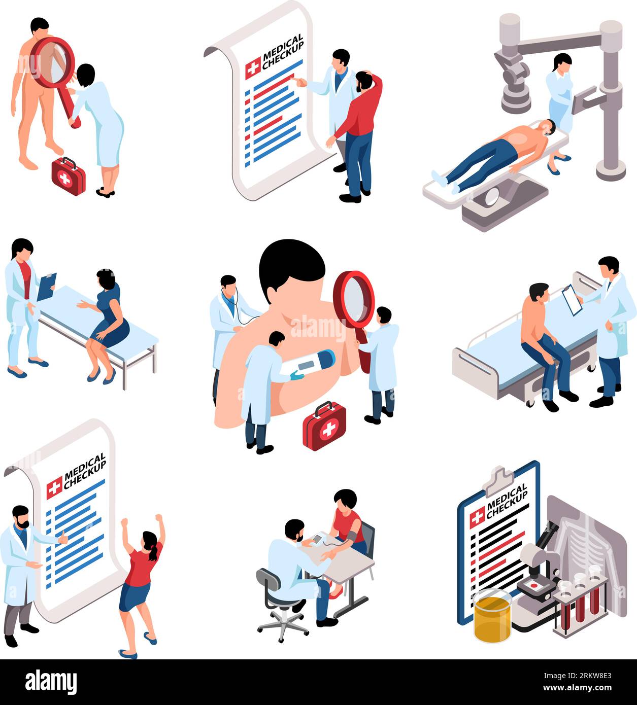 Les gens faisant à travers les icônes isométriques de contrôle médical définissent l'illustration vectorielle 3d isolée Illustration de Vecteur