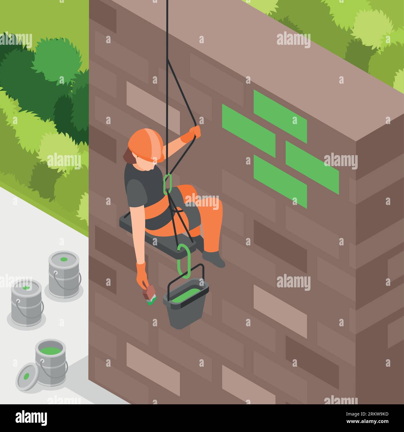 Composition isométrique industrielle de grimpeur avec caractère masculin dans le casque et la ceinture de sécurité accrochée à la corde peinture illustration vectorielle de mur Illustration de Vecteur
