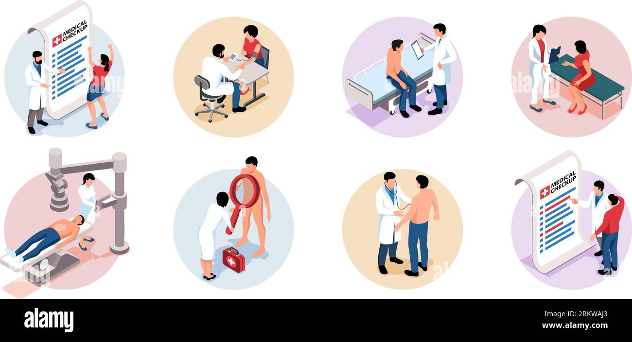 Ensemble de compositions isométriques isolées avec des patients masculins et féminins au cours d'un bilan médical à l'hôpital illustration vectorielle 3D. Illustration de Vecteur