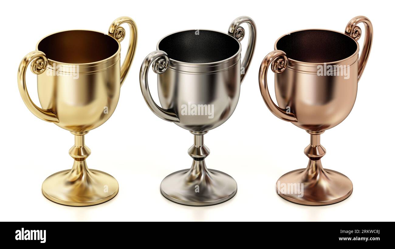 Tasses en or, argent et bronze isolées sur fond blanc. Illustration tridimensionnelle. Banque D'Images
